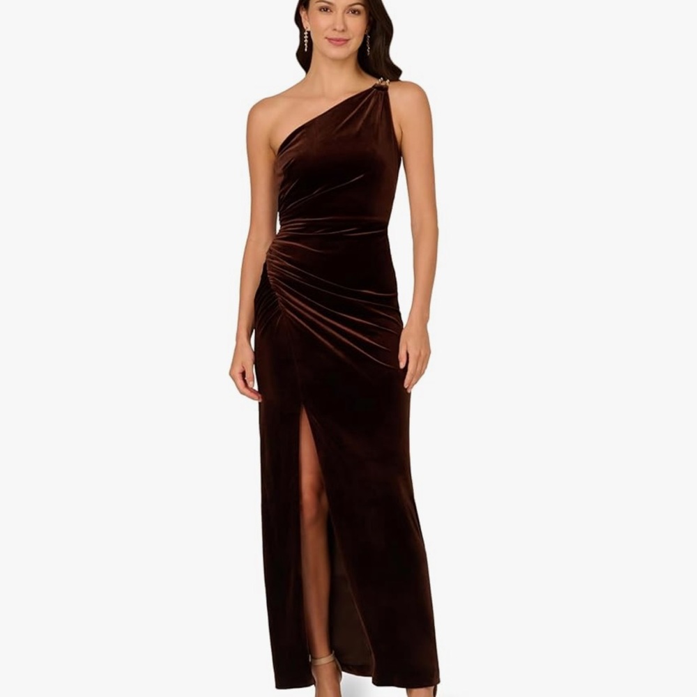 Adrianna Papell One-Shoulder Velvet Dress in Rich Brown